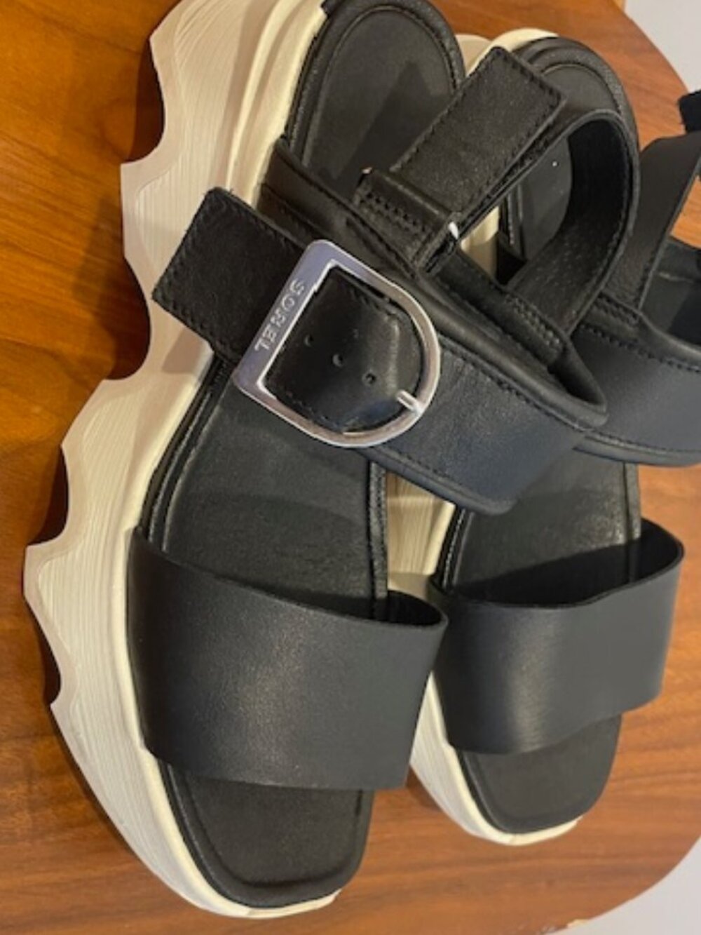 Sorel, Black/White Kinetic Impact Wedge Sandal in 7.5
